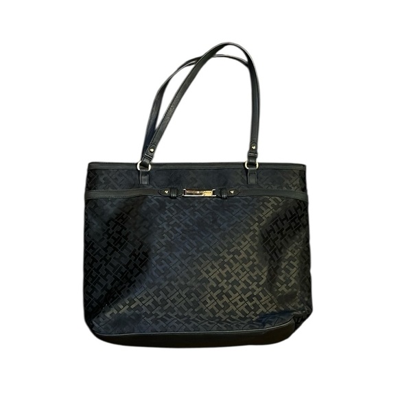Tommy Hilfiger Black Tote Bag with navy and red interior and faux leather trim - Picture 1 of 8